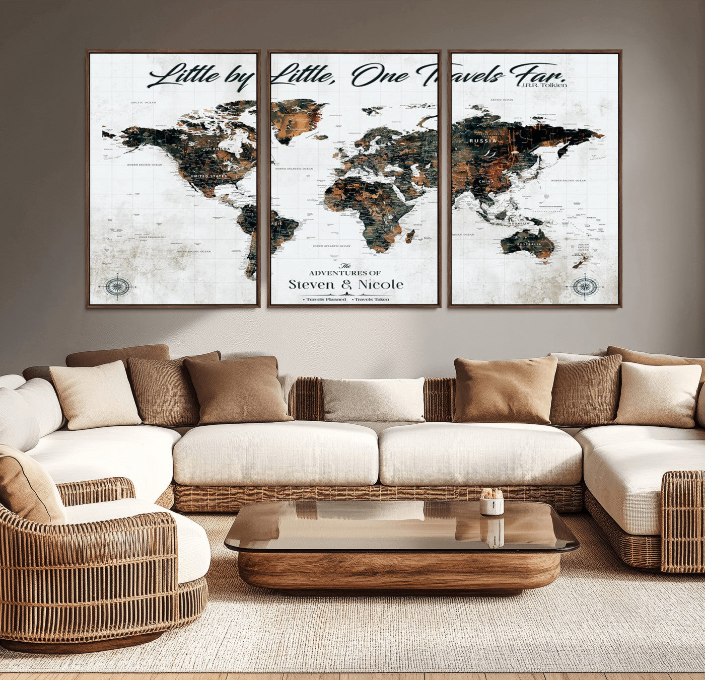 88337180-MGV-CV-36X24-Little by Little One Travels Far Tolkien Quote World Map Rustic Black Brown Adventure Wall Art Canvas Print for Home Office Living