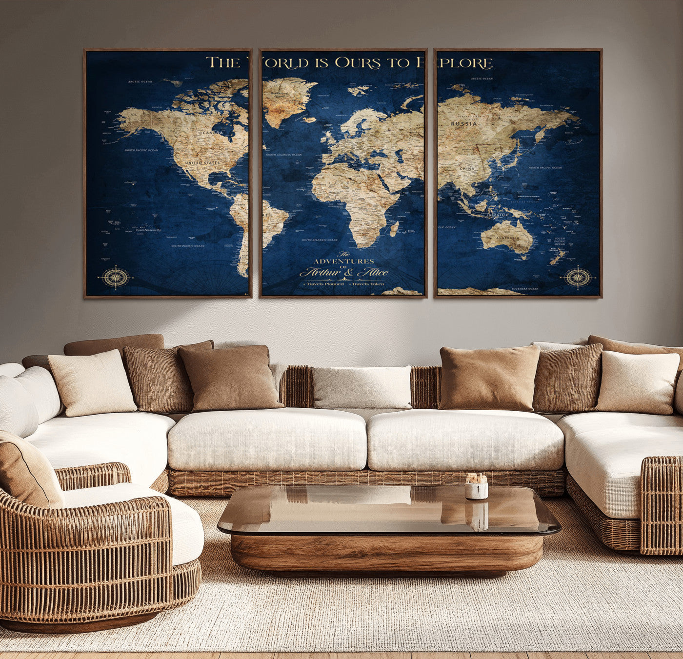 54782997-MGV-CV-36X24-The World is Ours to Explore Wall Art – Blue World Map Canvas Print, Adventure Travel Decor for Home, Office or Living Room,