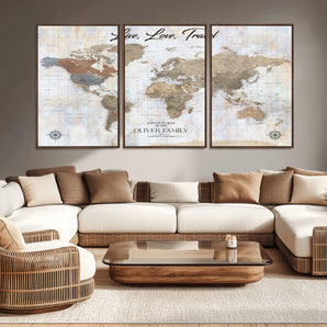 43924907-MGV-CV-36X24-Live Love Travel Wall Art – Neutral World Map Canvas Print, Rustic Adventure Decor for Home, Office or Living Room, Unique Gift