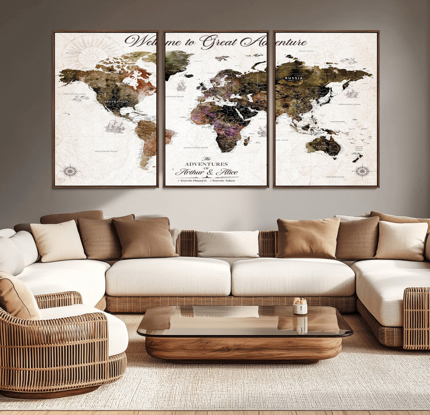 94024299-MGV-CV-36X24-Welcome to Great Adventure Wall Art – Vintage World Map Canvas Print, Rustic Travel Decor for Living Room, Office or Bedroom