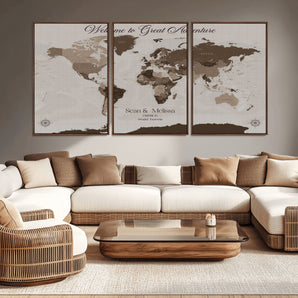 26961599-MGV-CV-36X24-Welcome to Great Adventure Wall Art – Vintage Sepia World Map Canvas Print, Rustic Travel Decor for Living Room, Bedroom, Office