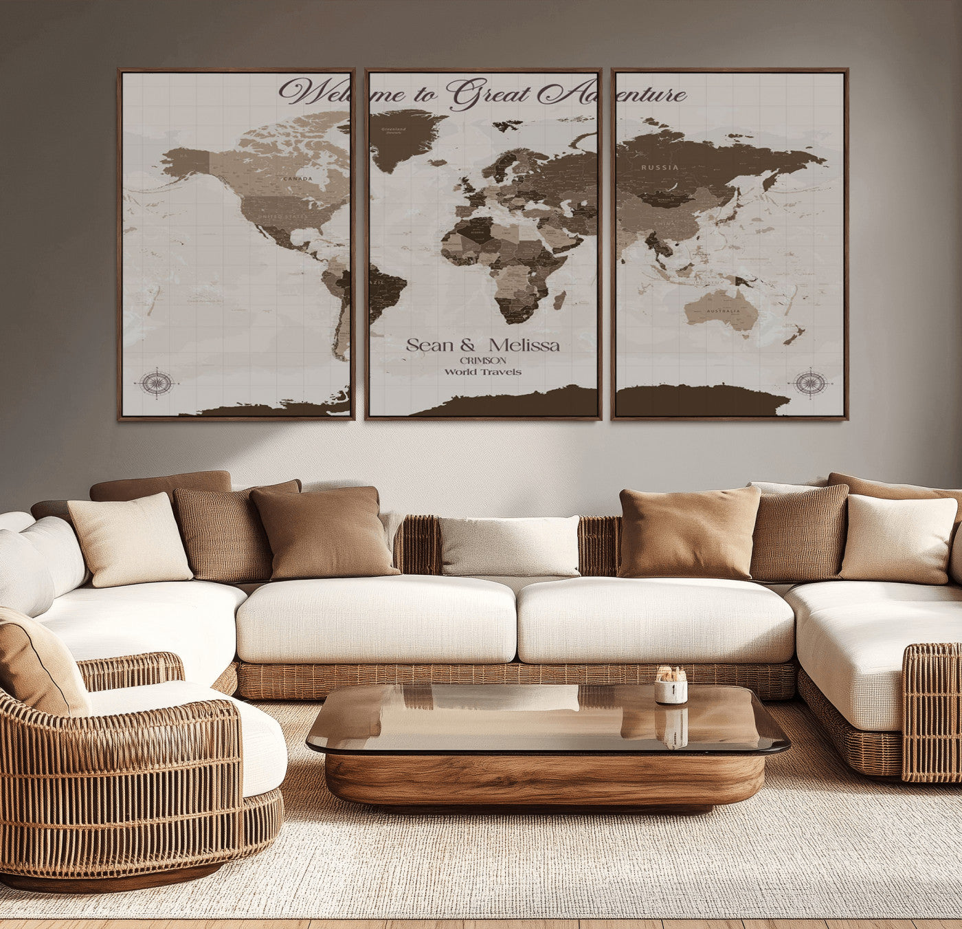 26961599-MGV-CV-36X24-Welcome to Great Adventure Wall Art – Vintage Sepia World Map Canvas Print, Rustic Travel Decor for Living Room, Bedroom, Office