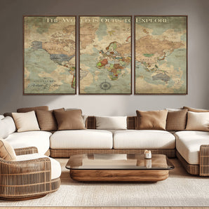 60021267-MGV-CV-36X24-Vintage World Map Wall Art – Antique Explorer Canvas Print, Rustic Travel Decor for Living Room, Office, Study or Wanderlust