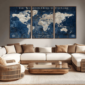 31074501-MGV-CV-36X24-Rustic Blue World Map Wall Art – Explorer Style Canvas Print, Vintage Travel Decor for Living Room, Study, Office or Wanderlust