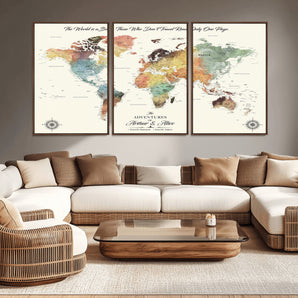 49125672-MGV-CV-36X24-Watercolor World Map Wall Art – Travel Quote Canvas Print, Inspirational Adventure Map Decor for Living Room, Bedroom, Office or