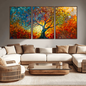 Mozaik2-MGV-CV-36X24-Mosaic Abstract Tree Wall Art – Vibrant Stained Glass Style Painting, Colorful Nature Artwork on Canvas, Modern Living Room
