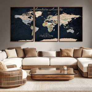43186793-MGV-CV-36X24-World Map Wall Art – Vintage Adventure Awaits Canvas Print, Travel Inspired Push Pin Map Decor for Living Room, Office, Bedroom