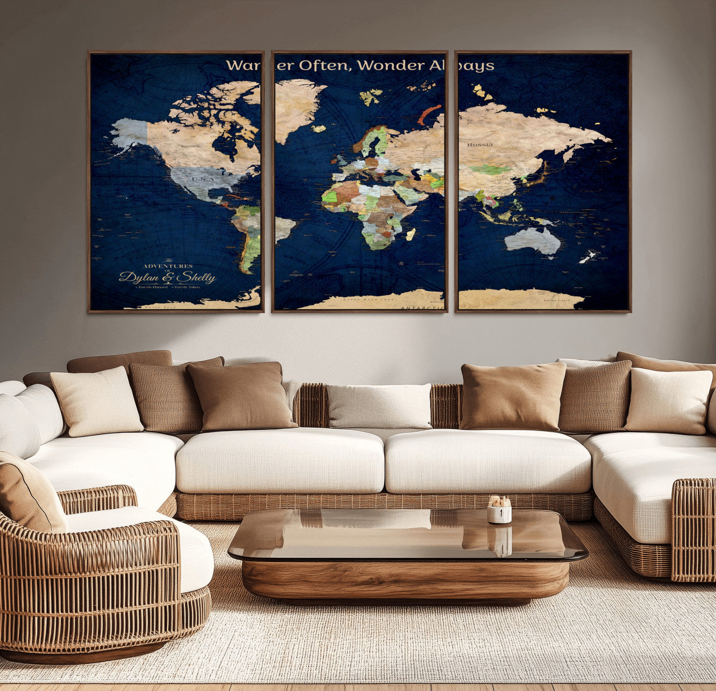 12399561-MGV-CV-36X24-World Map Wall Art – Wander Often Wonder Always Canvas Print, Vintage Travel Inspired Push Pin Map Decor for Living Room, Office,