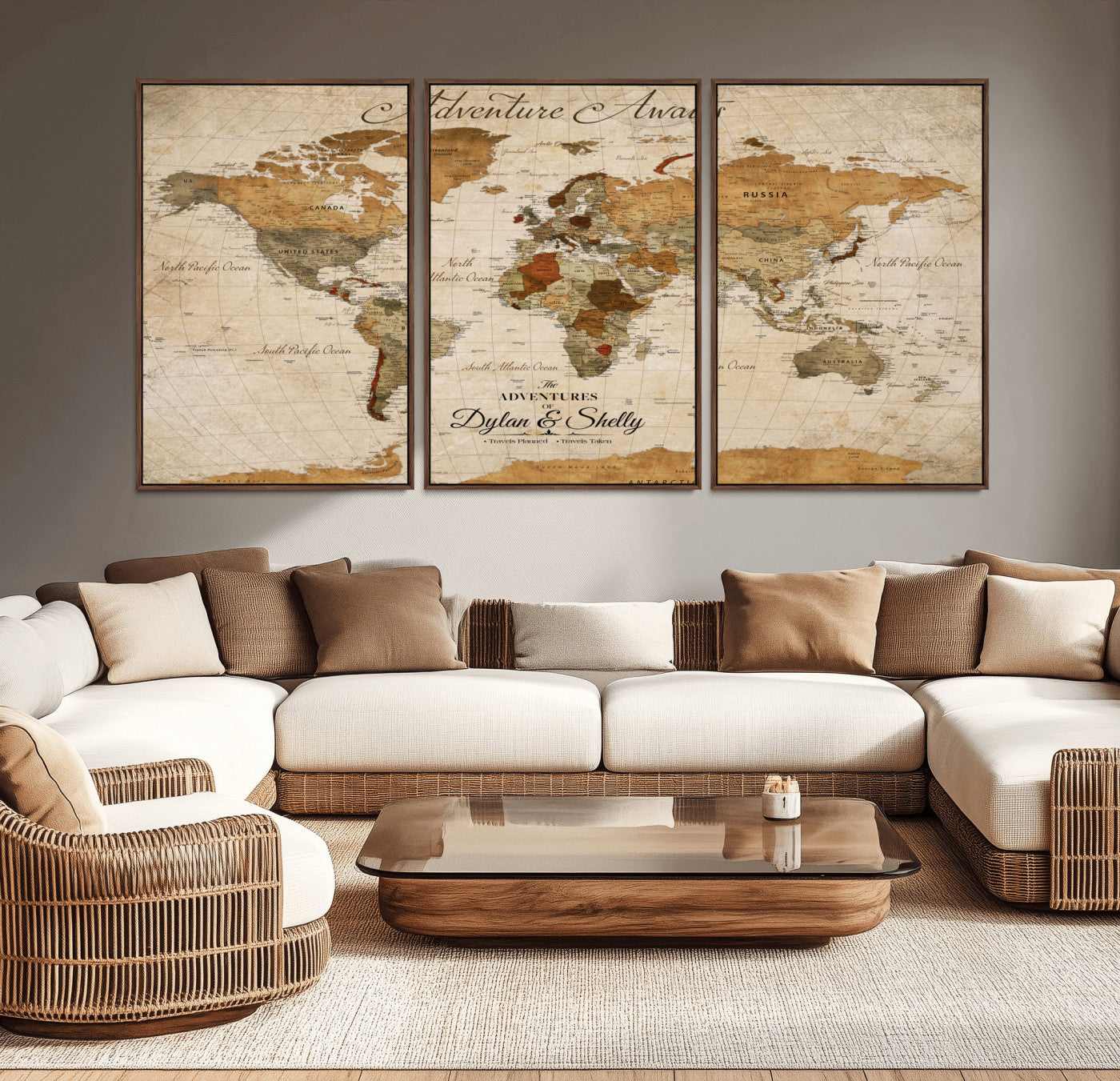 20810820-MGV-CV-36X24-World Map Wall Art – Adventure Awaits Vintage Travel Canvas Print, Rustic Push Pin Map Decor for Living Room, Office, Bedroom