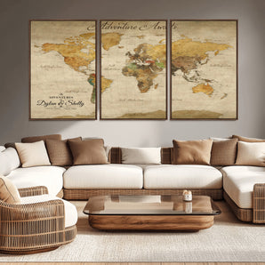 50298017-MGV-CV-36X24-World Map Wall Art – Adventure Awaits Vintage Travel Canvas Print, Rustic Push Pin Map Décor for Living Room, Office, Bedroom