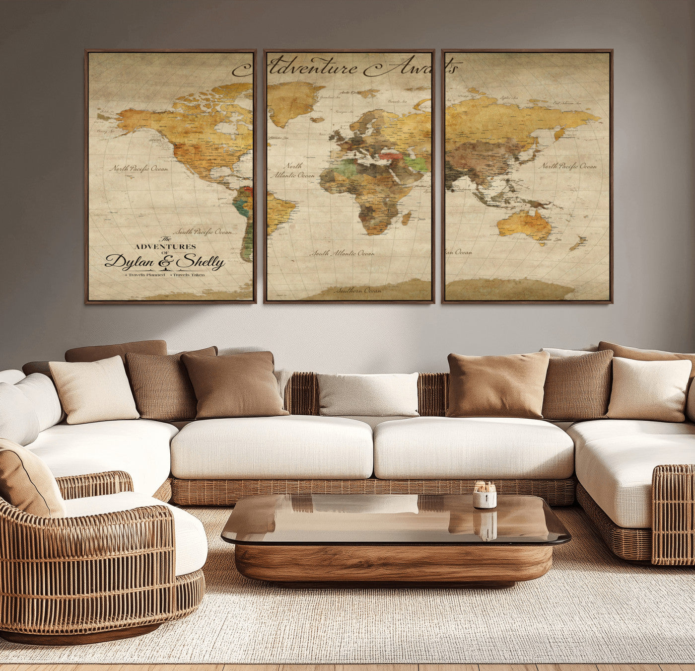 50298017-MGV-CV-36X24-World Map Wall Art – Adventure Awaits Vintage Travel Canvas Print, Rustic Push Pin Map Décor for Living Room, Office, Bedroom