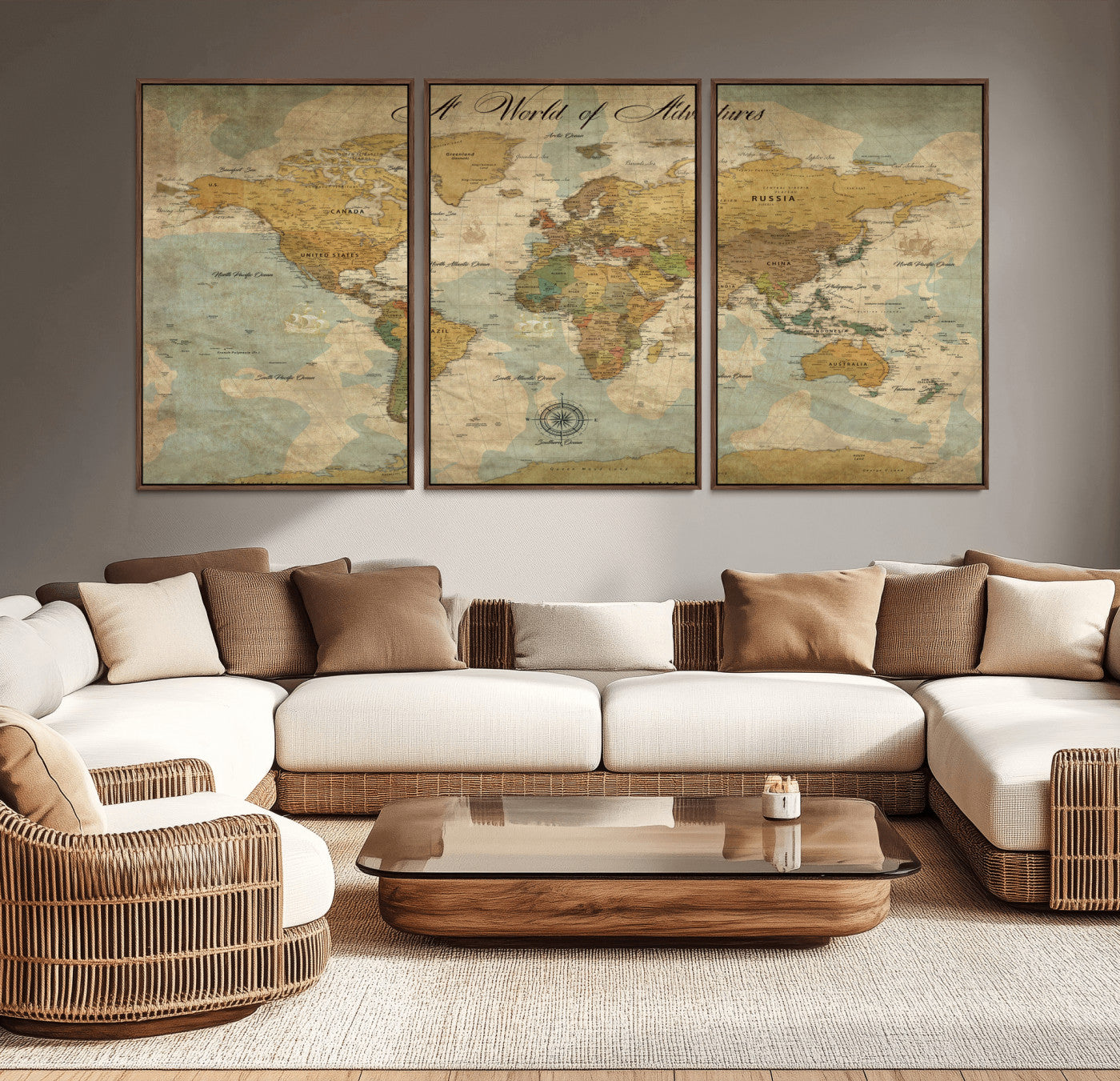 75690627-MGV-CV-36X24-World Map Wall Art – A World of Adventures Vintage Travel Canvas Print, Antique Push Pin Map Décor for Living Room, Office,