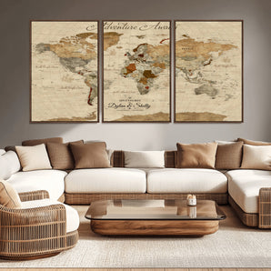 29054239-MGV-CV-36X24-Vintage World Map Wall Art – Antique Adventure Awaits Push Pin Canvas Print, Rustic Travel Map Décor for Living Room, Office,