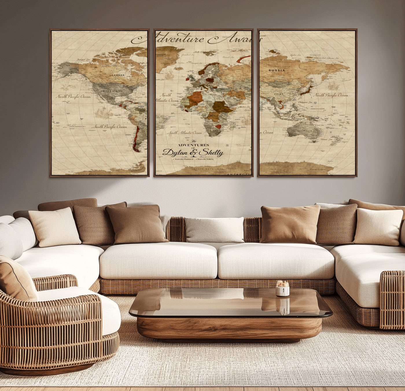 29054239-MGV-CV-36X24-Vintage World Map Wall Art – Antique Adventure Awaits Push Pin Canvas Print, Rustic Travel Map Décor for Living Room, Office,