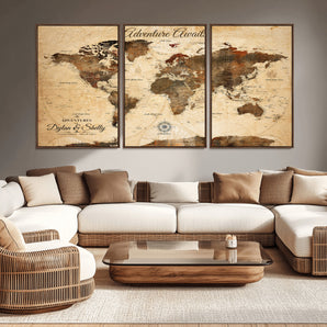 66357947-MGV-CV-36X24-Rustic World Map Wall Art – Adventure Awaits Vintage Push Pin Canvas Print, Antique Brown Travel Map Décor for Living Room,