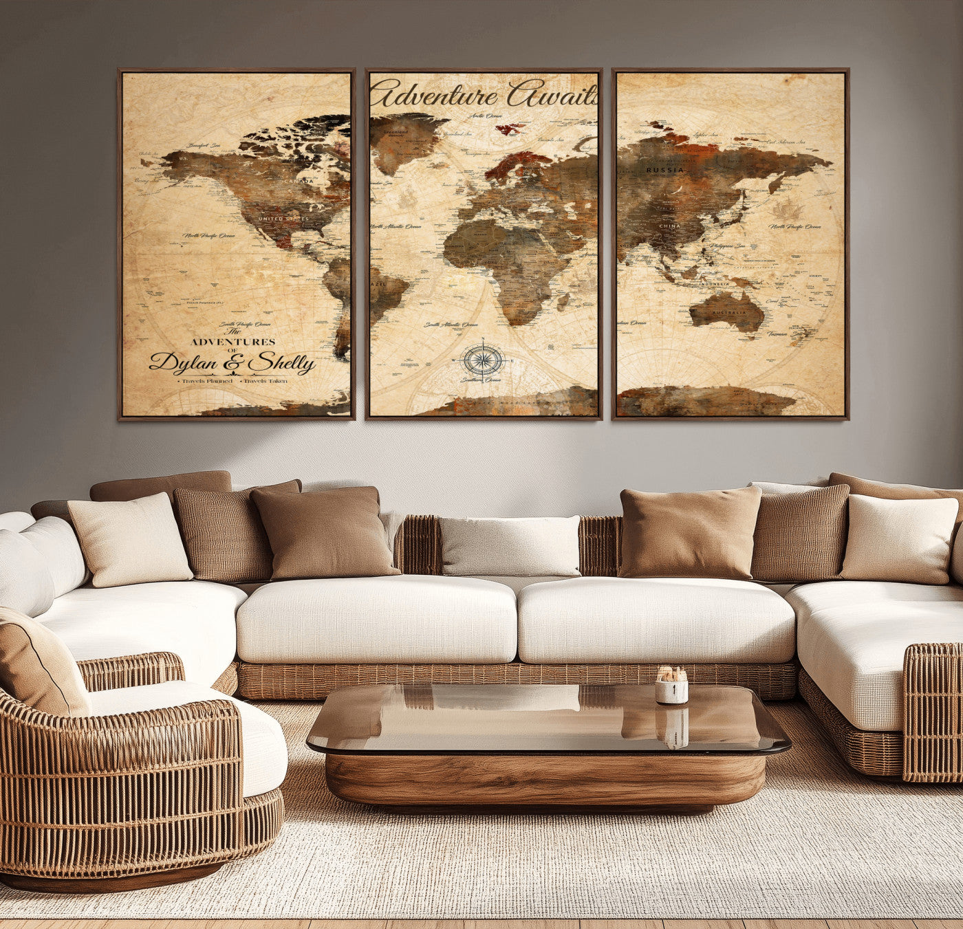 66357947-MGV-CV-36X24-Rustic World Map Wall Art – Adventure Awaits Vintage Push Pin Canvas Print, Antique Brown Travel Map Décor for Living Room,
