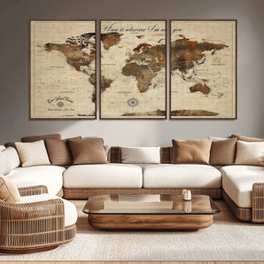 96762438-MGV-CV-36X24-Rustic World Map Wall Art – Home Is Wherever I’m With You Vintage Push Pin Canvas, Antique Travel Map Decor for Living Room,