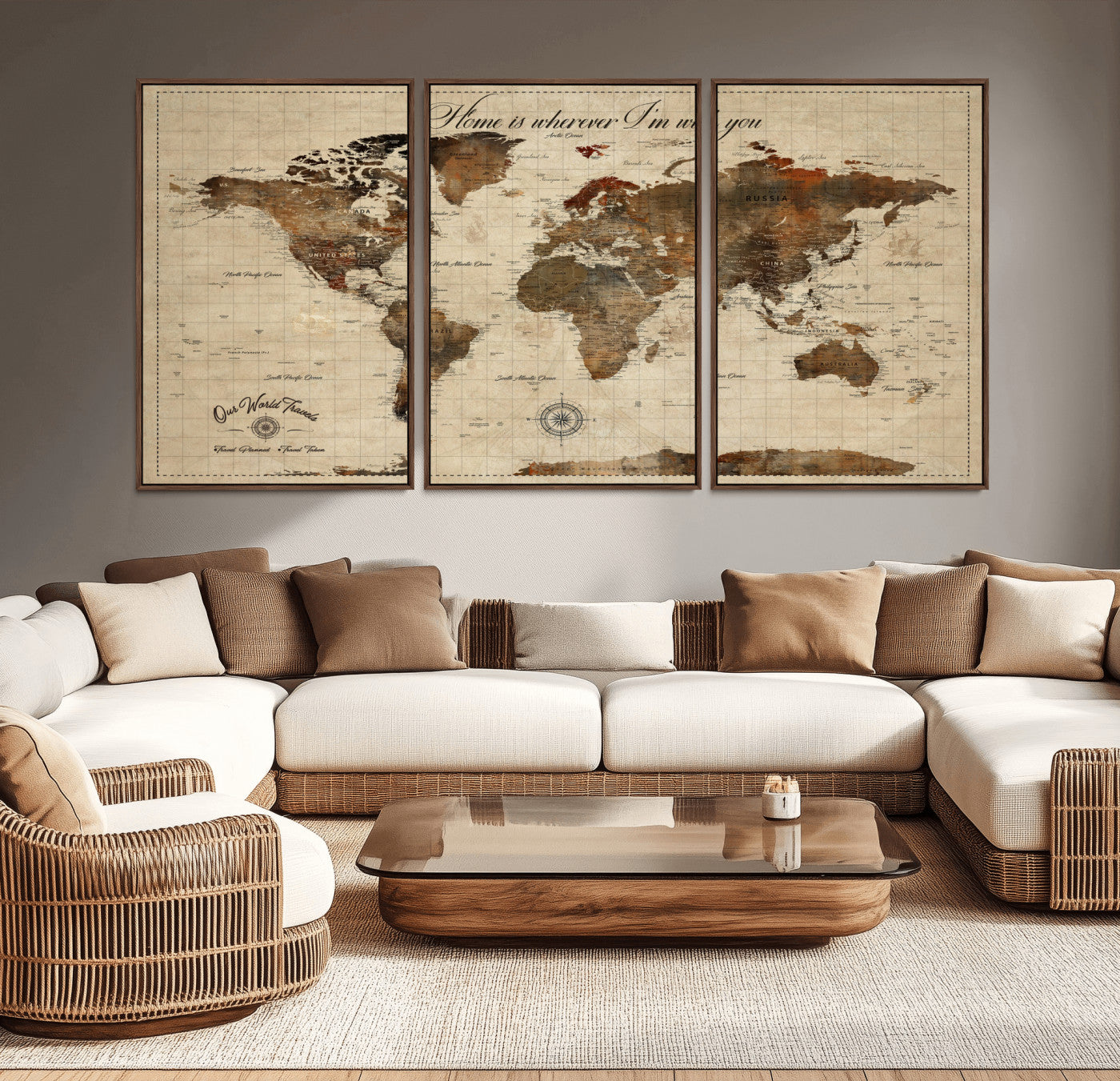 96762438-MGV-CV-36X24-Rustic World Map Wall Art – Home Is Wherever I’m With You Vintage Push Pin Canvas, Antique Travel Map Decor for Living Room,