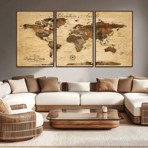 57497711-MGV-CV-36X24-Adventure Awaits World Map Wall Art – Rustic Vintage Travel Push Pin Canvas Print, Wanderlust Decor for Living Room, Office,