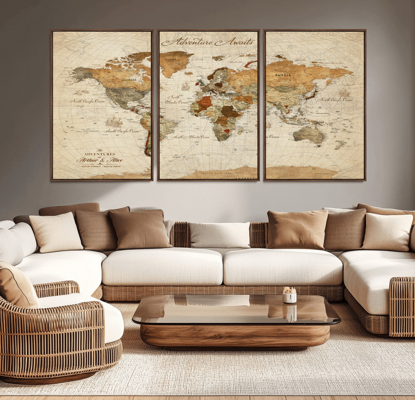15754902-MGV-CV-36X24-Adventure Awaits World Map Wall Art – Vintage Sepia Canvas Print, Rustic Travel Themed Map Decoration for Living Room, Office,