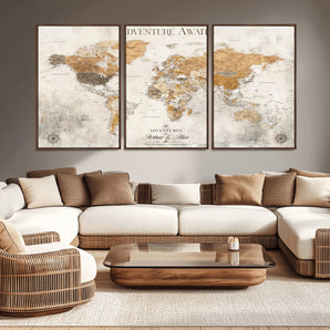99422096-MGV-CV-36X24-Adventure Awaits World Map Wall Art – Neutral Beige Canvas Print, Modern Travel Inspired Wall Decor for Living Room, Bedroom or