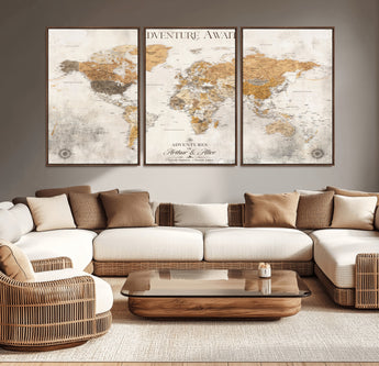 99422096-MGV-CV-36X24-Adventure Awaits World Map Wall Art – Neutral Beige Canvas Print, Modern Travel Inspired Wall Decor for Living Room, Bedroom or