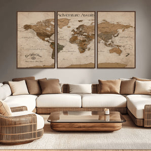 81121837-MGV-CV-36X24-Adventure Awaits World Map Wall Art – Rustic Vintage Canvas Print, Antique Travel Decor, Classic Atlas Artwork for Home Office