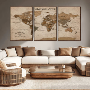 58622470-MGV-CV-36X24-Adventure Awaits Sepia World Map Wall Art – Vintage Travel Canvas Print, Rustic Atlas Artwork, Antique Style Decor for Home Office
