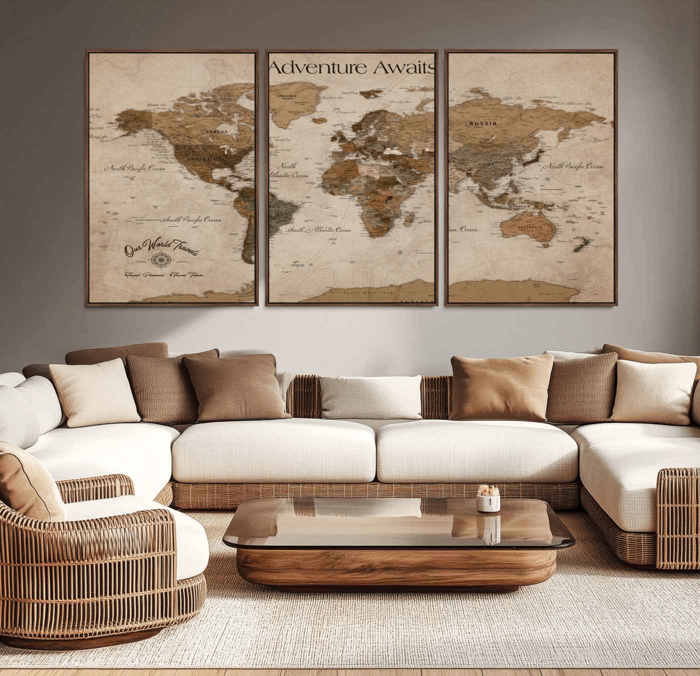 58622470-MGV-CV-36X24-Adventure Awaits Sepia World Map Wall Art – Vintage Travel Canvas Print, Rustic Atlas Artwork, Antique Style Decor for Home Office