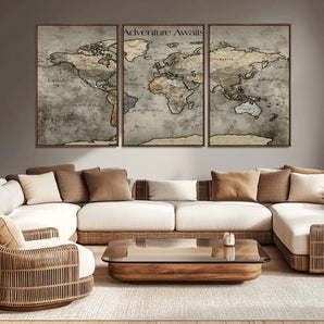 60740187-MGV-CV-36X24-Adventure Awaits Dark Vintage World Map – Rustic Travel Canvas Wall Art, Antique Style Atlas Print, Wanderlust Decor for Home