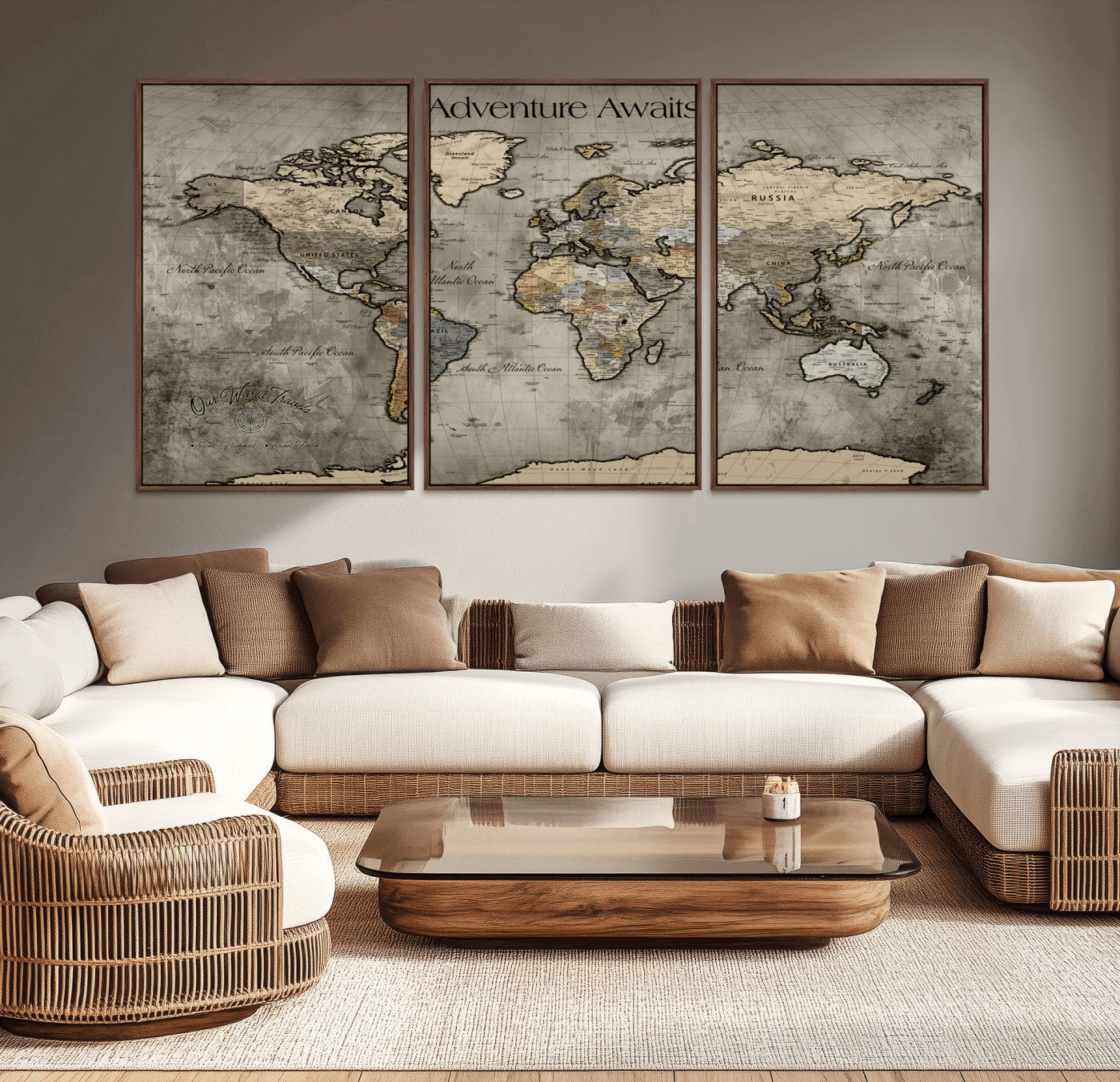60740187-MGV-CV-36X24-Adventure Awaits Dark Vintage World Map – Rustic Travel Canvas Wall Art, Antique Style Atlas Print, Wanderlust Decor for Home