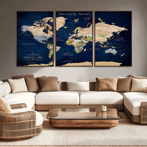 43160428-MGV-CV-36X24-Adventure Awaits Navy Blue World Map – Vibrant Travel Canvas Wall Art, Antique Atlas Print, Wanderlust Decor for Home Office