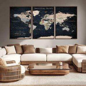 75640245-MGV-CV-36X24-Adventure Awaits Black Navy World Map – Elegant Travel Canvas Wall Art, Vintage Atlas Print, Wanderlust Decor for Living Room