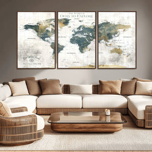 14988581-MGV-CV-36X24-Ours Explore Watercolor World Map – Artistic Travel Canvas Wall Art, Abstract Atlas Print, Wanderlust Decor for Living Room Office