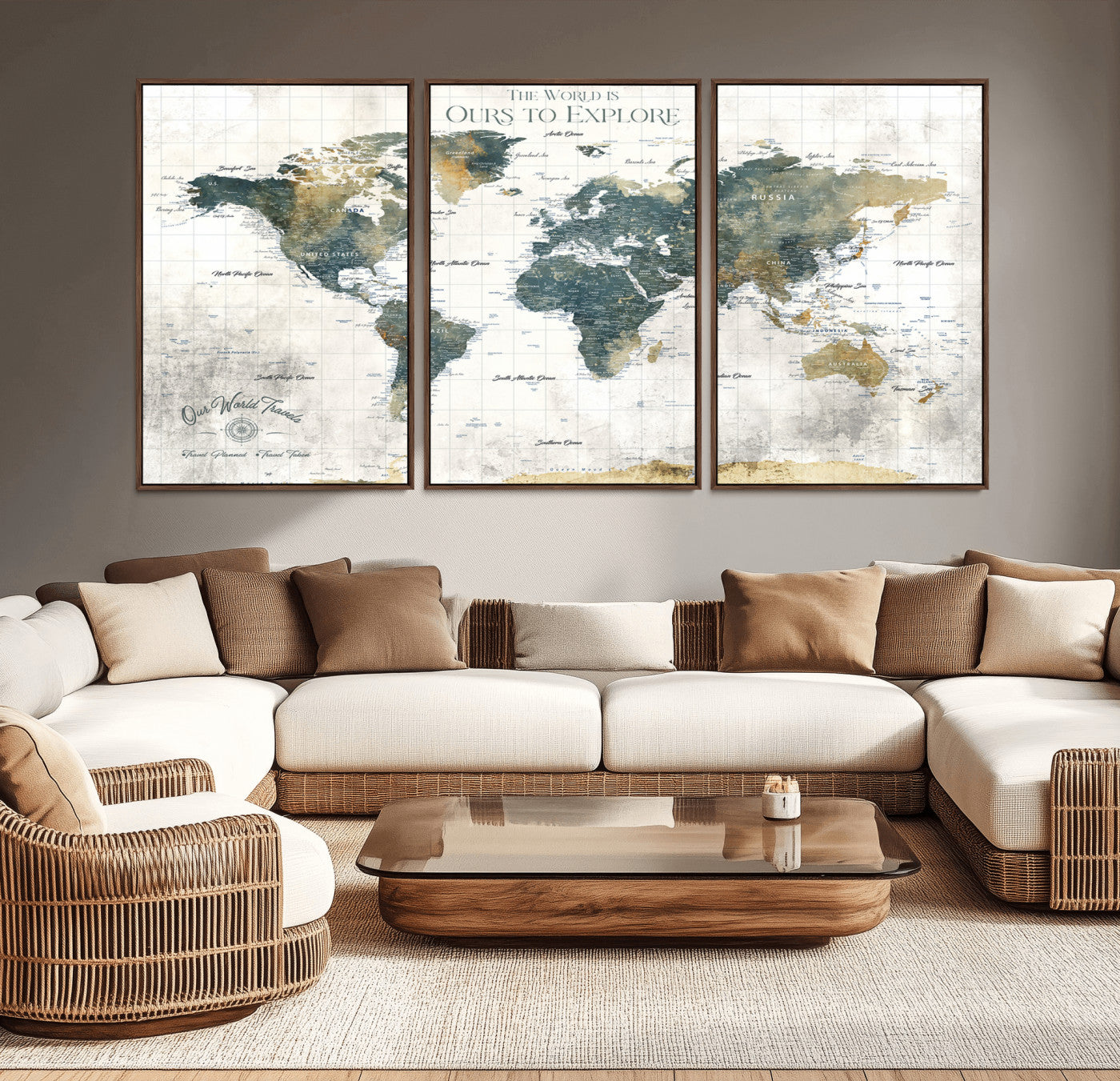 14988581-MGV-CV-36X24-Ours Explore Watercolor World Map – Artistic Travel Canvas Wall Art, Abstract Atlas Print, Wanderlust Decor for Living Room Office