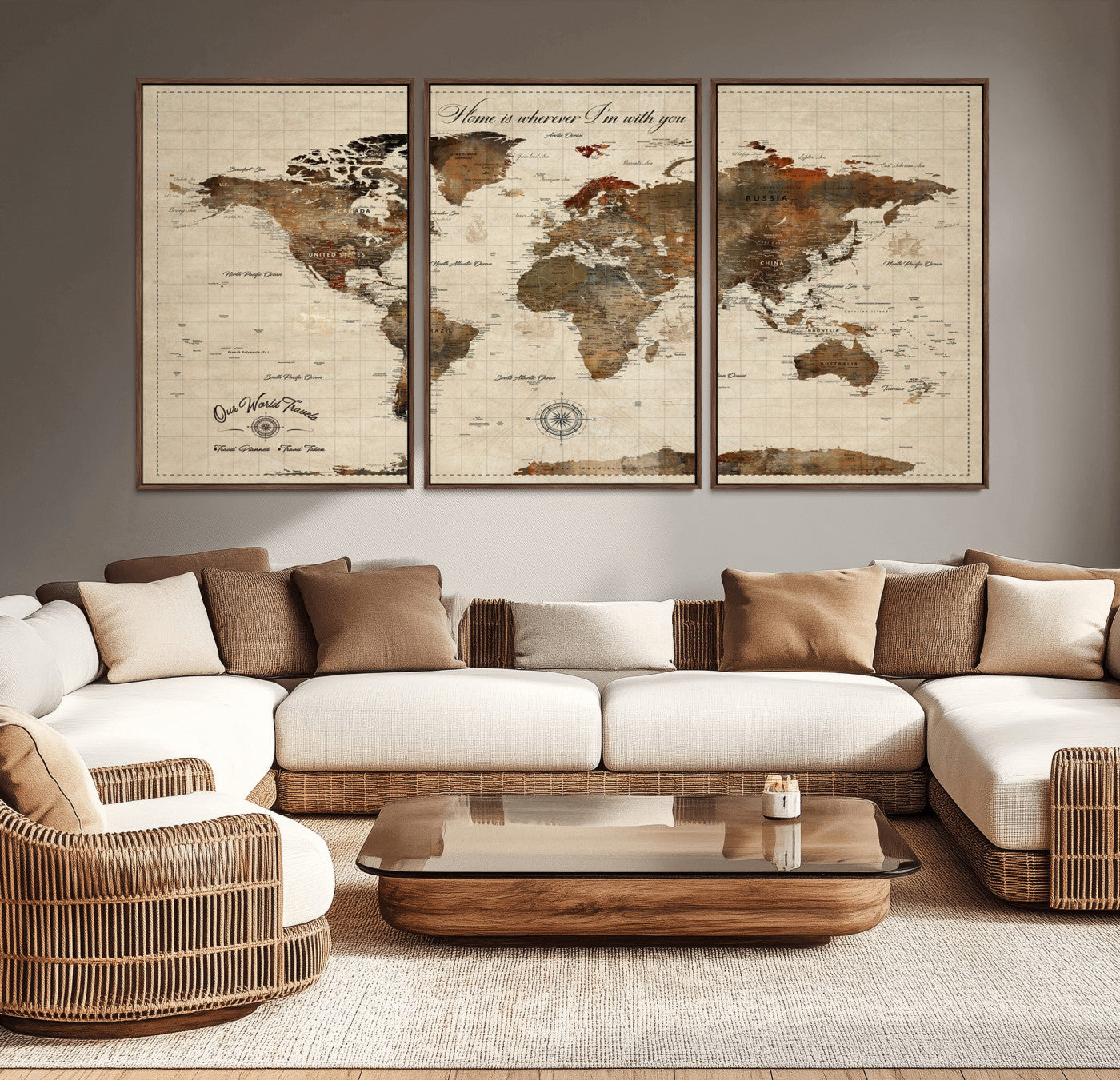 96366078-MGV-CV-36X24-Home Wherever With You Rustic World Map – Vintage Travel Canvas Wall Art, Antique Atlas Print, Romantic Wanderlust Decor for