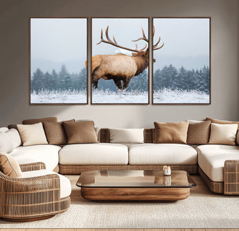 85177251-MGV-CV-36X24-Elk Wall Art – Majestic Wildlife Canvas Print of Bull Elk Snowy Forest, Rustic Nature Decor for Living Room, Cabin, or Office