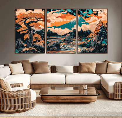 21638941-MGV-CV-36X24-Japanese Landscape Wall Art – Mount Fuji and Flowing River Ukiyo-e Style Canvas Print, Traditional Japan Inspired Artwork for
