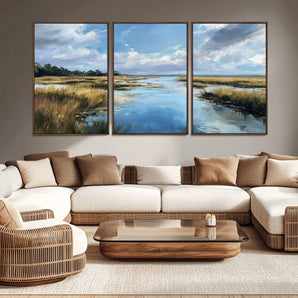 87082041-MGV-CV-36X24-Marshland Landscape Wall Art – Serene Nature Canvas Print with Blue Sky and Reflections, Tranquil Scenic Painting for Living Room,