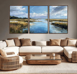 87082041-MGV-CV-36X24-Marshland Landscape Wall Art – Serene Nature Canvas Print with Blue Sky and Reflections, Tranquil Scenic Painting for Living Room,