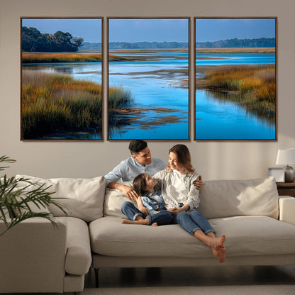 26300004-MGV-FC-60X30-3P_Walnut-Tranquil Marshland Canvas Wall Art – Blue Water, Reflective Sky, Golden Grasses, Calm Nature Landscape, Scenic Outdoor Beauty for