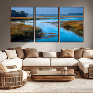 26300004-MGV-CV-36X24-Marshland Landscape Wall Art – Scenic Nature Canvas Print with Golden Grass and Blue Water, Peaceful River Photography for Living