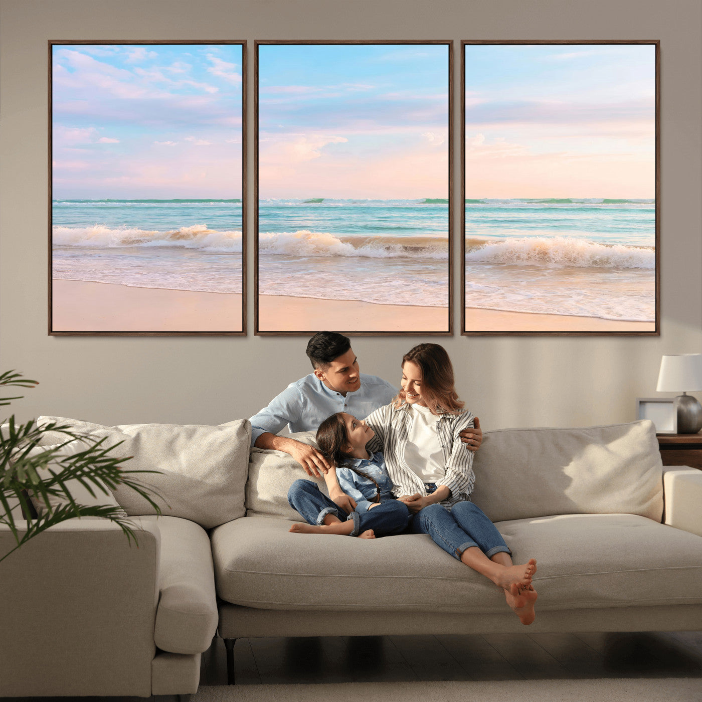 88024944-MGV-FC-60X30-3P_Walnut-Serene Ocean Waves Canvas Wall Art – Pastel Sky, Soft Sand Beach, Tranquil Seascape, Calm Water Coastal Nature, Relaxing Peaceful