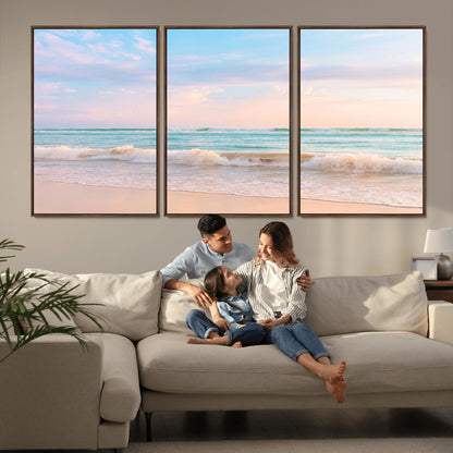 88024944-MGV-FC-60X30-3P_Walnut-Serene Ocean Waves Canvas Wall Art – Pastel Sky, Soft Sand Beach, Tranquil Seascape, Calm Water Coastal Nature, Relaxing Peaceful