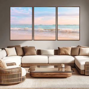 88024944-MGV-CV-36X24-Beach Landscape Wall Art – Coastal Ocean Canvas Print with Gentle Waves and Pastel Sky, Serene Seascape Photography for Living