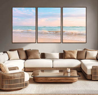 88024944-MGV-CV-36X24-Beach Landscape Wall Art – Coastal Ocean Canvas Print with Gentle Waves and Pastel Sky, Serene Seascape Photography for Living