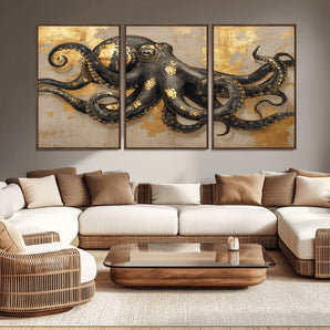 57944271-MGV-CV-36X24-Octopus Wall Art – Black and Gold Nautical Canvas Print, Modern Ocean Inspired Artwork with Elegant Detailing, Coastal Marine
