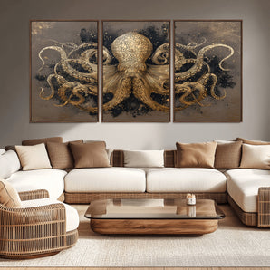 21717515-MGV-CV-36X24-Octopus Wall Art – Vintage Gold Nautical Canvas Print, Detailed Marine Creature Artwork with Dark Background, Coastal Ocean Decor