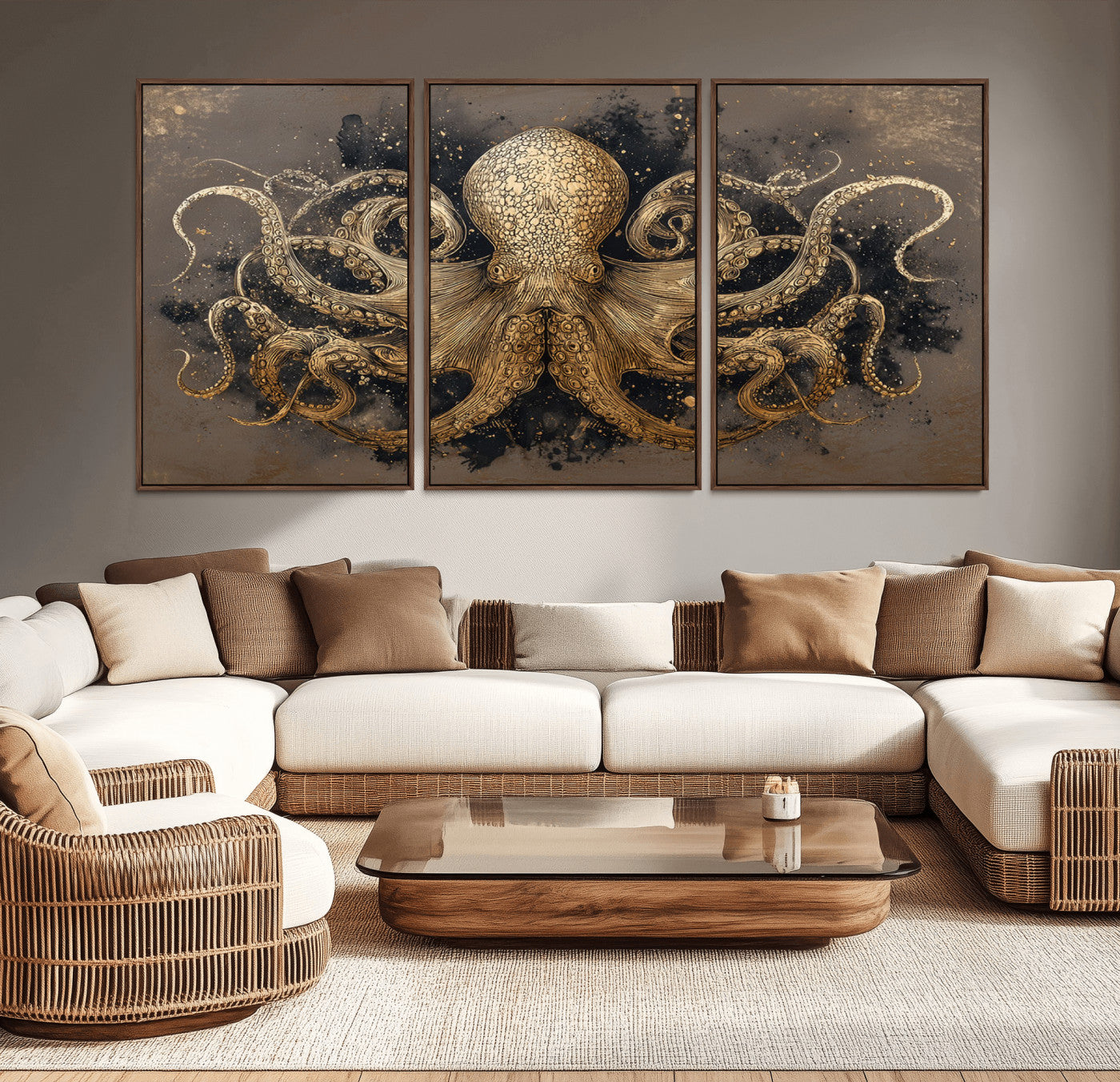 21717515-MGV-CV-36X24-Octopus Wall Art – Vintage Gold Nautical Canvas Print, Detailed Marine Creature Artwork with Dark Background, Coastal Ocean Decor