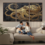 47056538-MGV-FC-60X30-3P_Walnut-Octopus Canvas Wall Art – Gold Detail, Wooden Texture, Marine Life, Ocean Creature Tentacles, Nautical Coastal Rustic Decor for